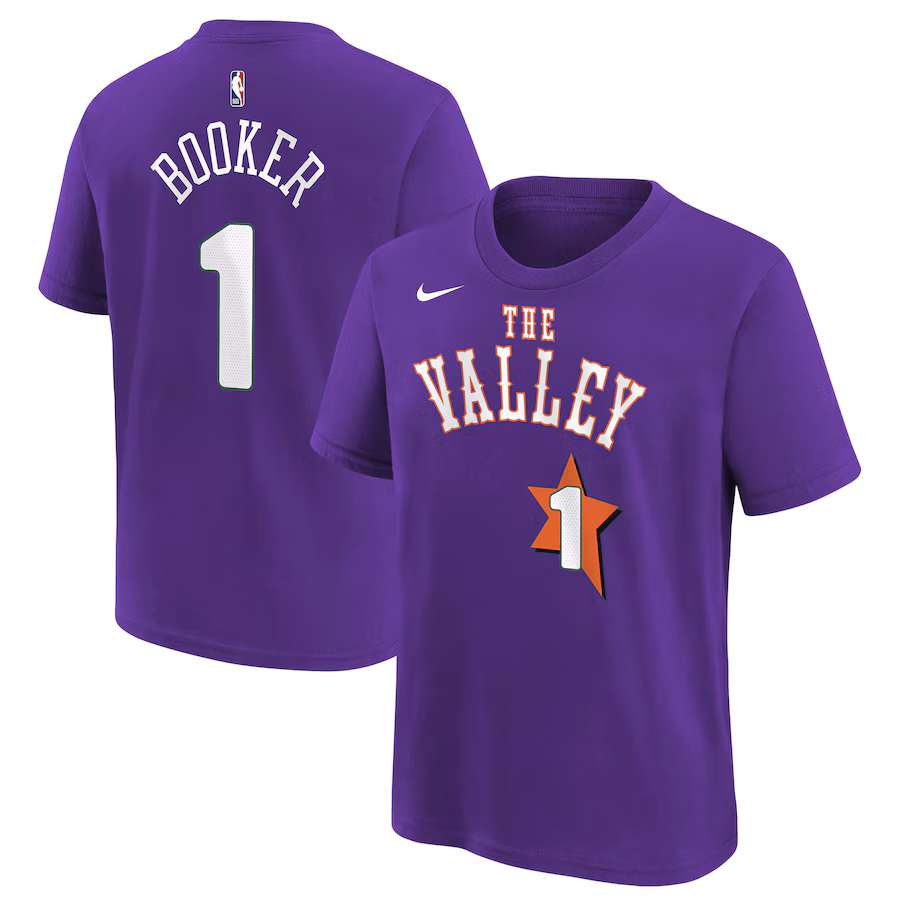 Youth Phoenix Suns Devin Booker Nike Purple 2024/25 City Edition Name & Number T-Shirt - Ujersey NFL Shop