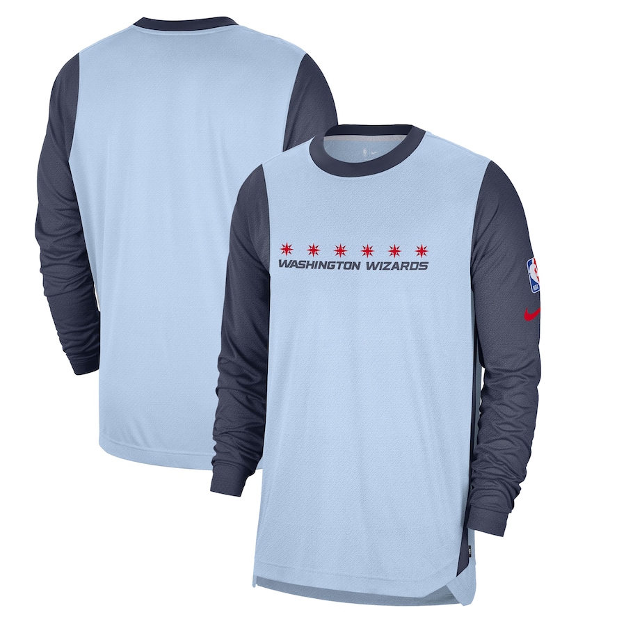 Men's Washington Wizards Nike Light Blue 2024/25 City Edition Authentic Pregame Performance Long Sleeve Shooting T-Shirt - Ujersey NFL Shop