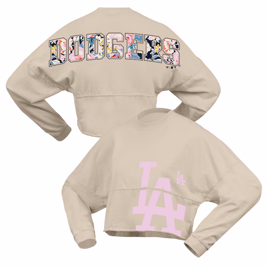 Women's Los Angeles Dodgers Fanatics Cream Floral Preppy Cropped Long Sleeve T-Shirt - Ujersey NFL Shop
