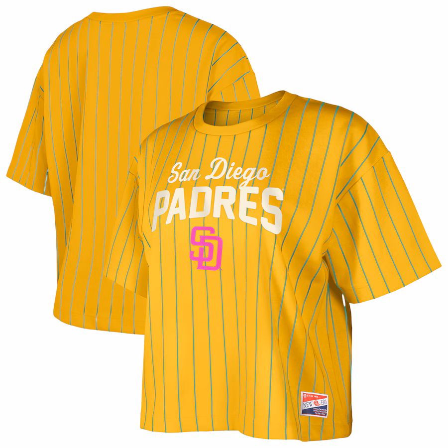 Women's San Diego Padres New Era Gold City Connect Multiplier Pinstripe Cropped T-Shirt - Ujersey