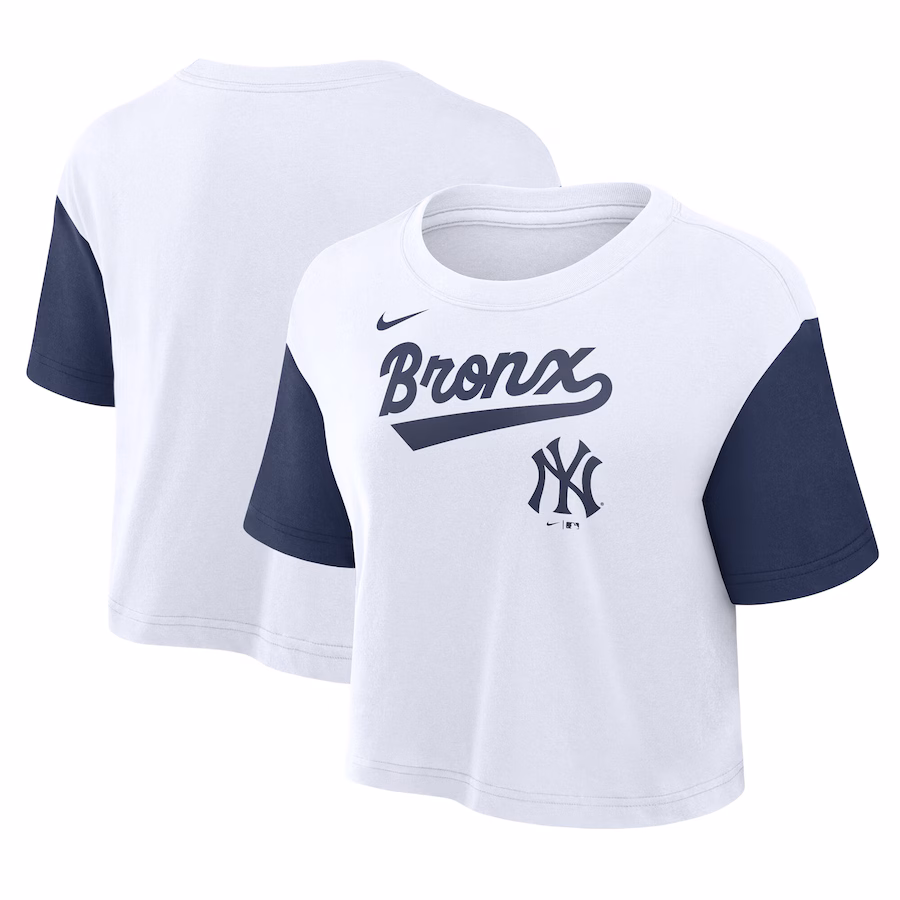 Women's New York Yankees Nike White/Navy Script Cropped Performance T-Shirt - Ujersey
