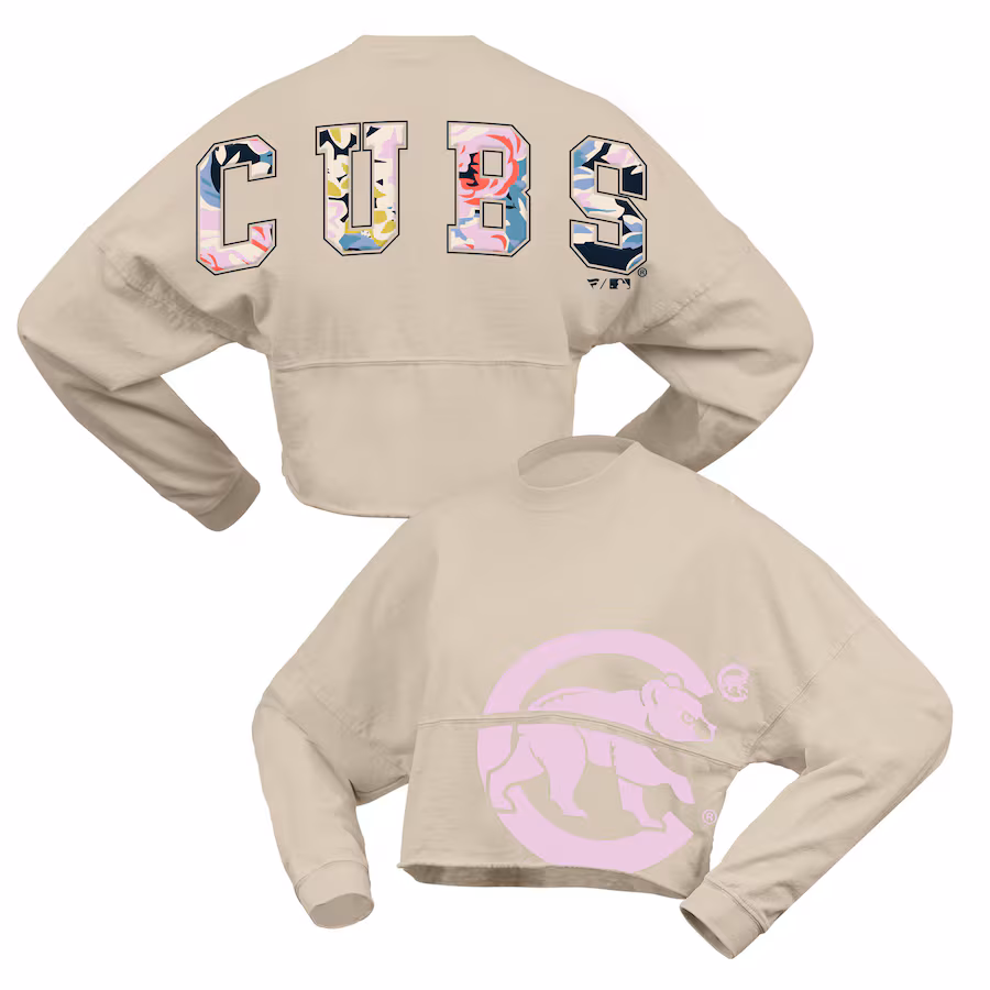 Women's Chicago Cubs Fanatics Cream Floral Preppy Cropped Long Sleeve T-Shirt - Ujersey NFL Shop