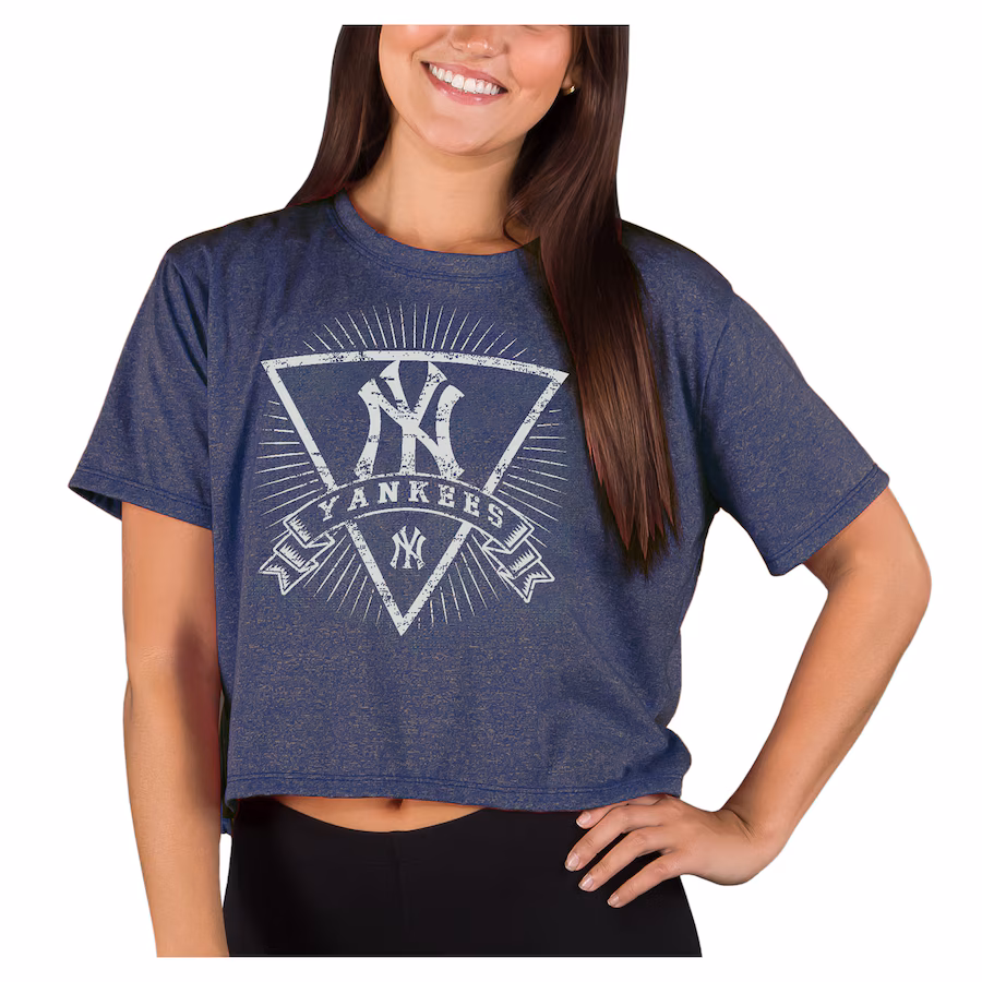 Women's New York Yankees Concepts Sport Heather Navy Distressed Quest Boxy Cropped T-Shirt - Ujersey