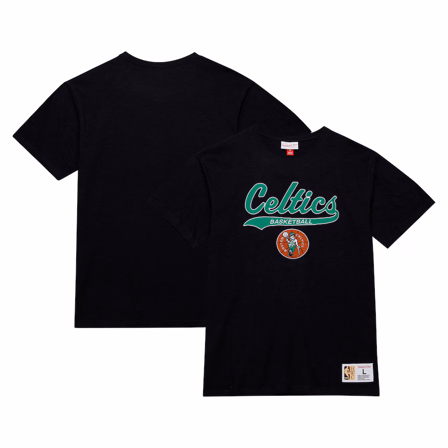 Men's Boston Celtics Mitchell & Ness Black Hardwood Classics Felt Applique Slub T-Shirt - Ujersey