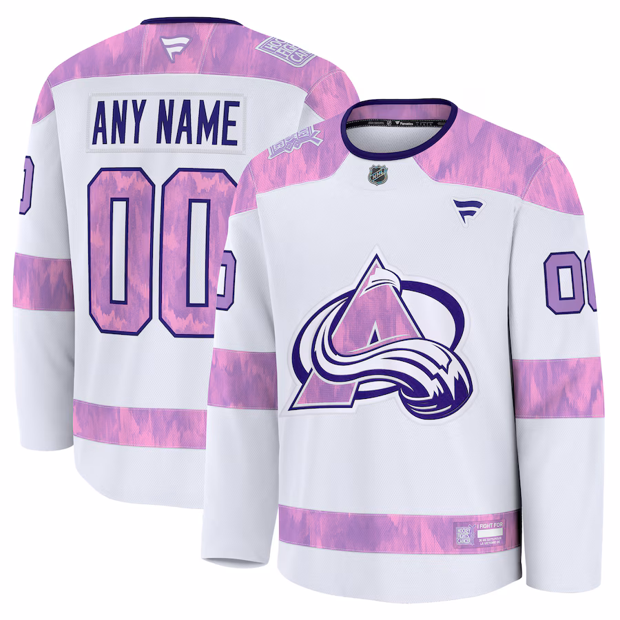 Men's Colorado Avalanche Fanatics White 2024 Hockey Fights Cancer Custom Practice Jersey - Ujersey NFL Shop