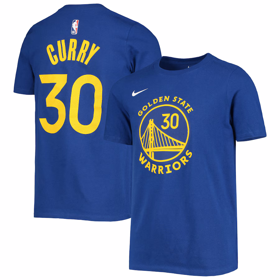Youth Golden State Warriors Stephen Curry Nike Royal Logo Name & Number Performance T-Shirt - Ujersey