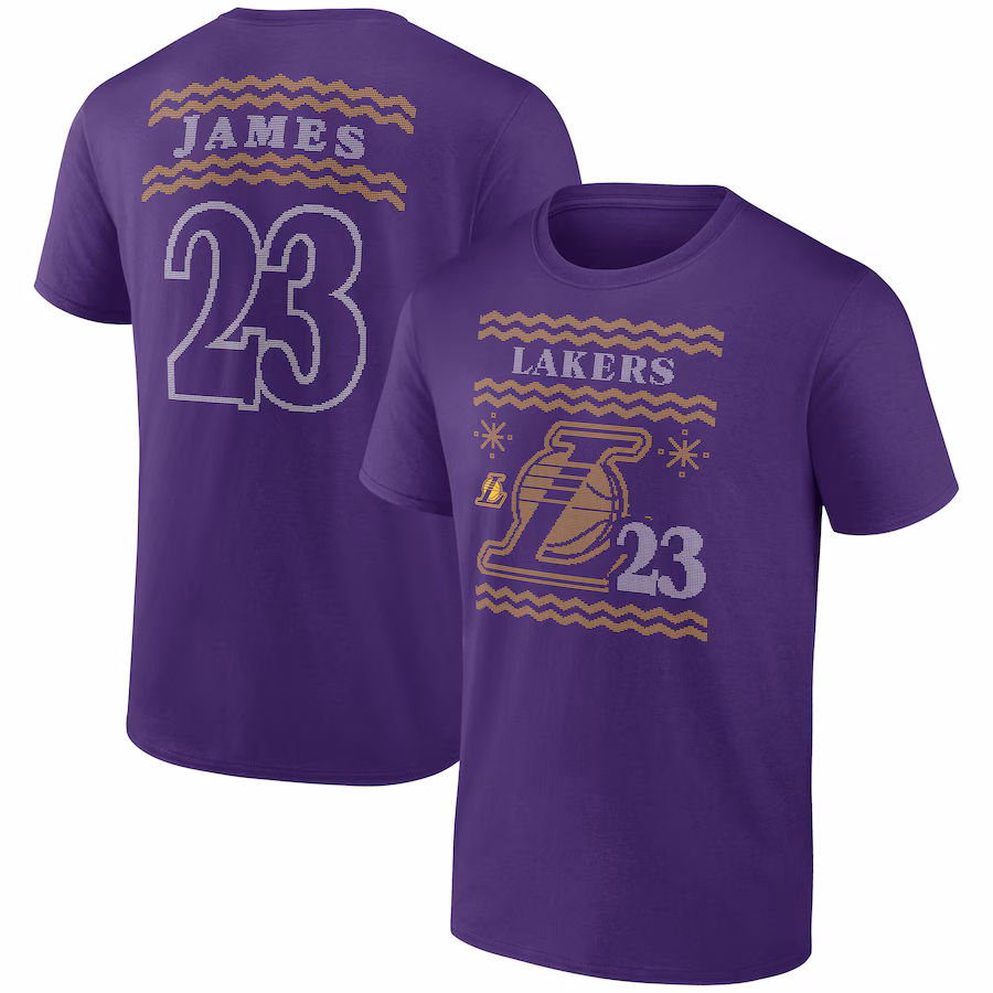 Men's Los Angeles Lakers LeBron James Purple Ugly Sweater Name & Number T-Shirt - Ujersey