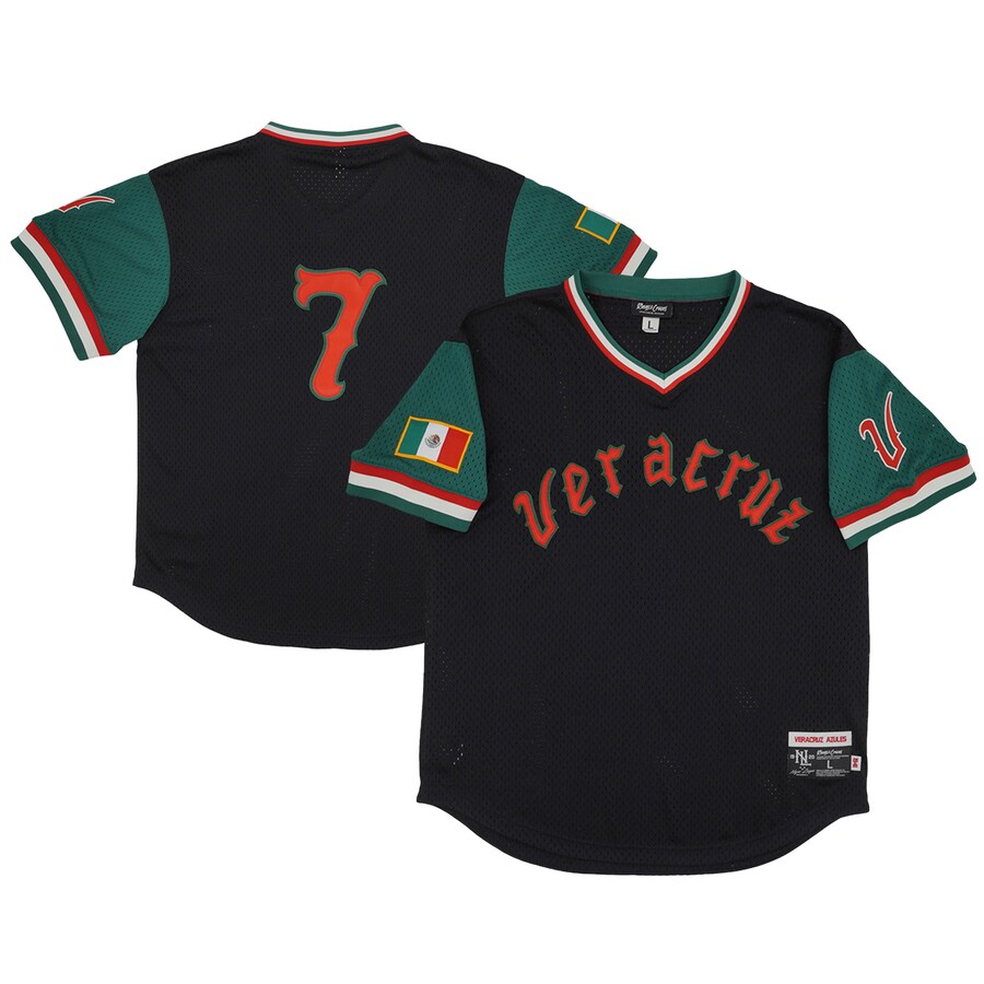 Men's Azules de Veracruz #7 Rings & Crwns Black/Green Mesh Replica V-Neck Jersey - Ujersey