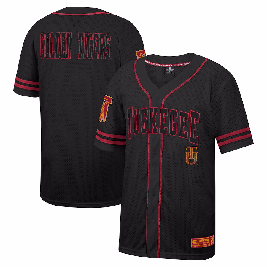 Tuskegee Golden Tigers Colosseum Free Spirited Mesh Button-Up Baseball Jersey - Black - Ujersey