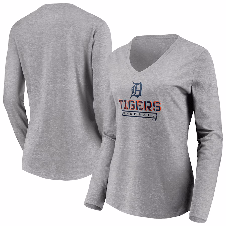 Women's Detroit Tigers Gray Evanston Stencil Long Sleeve V-Neck T-Shirt - Ujersey