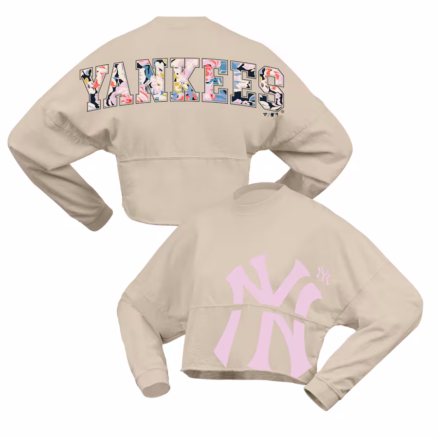 Women's New York Yankees Fanatics Cream Floral Preppy Cropped Long Sleeve T-Shirt - Ujersey