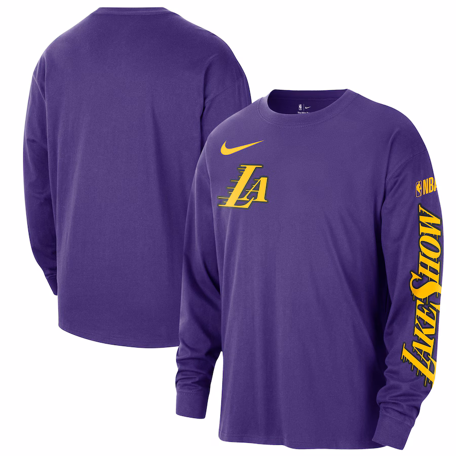 Men's Los Angeles Lakers Nike Purple 2024/25 City Edition Courtside Max90 Heavyweight Long Sleeve T-Shirt - Ujersey
