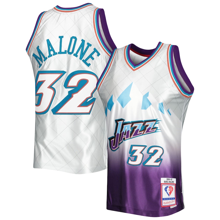 Men's Utah Jazz Karl Malone Mitchell & Ness Platinum 1996/97 Hardwood Classics 75th Anniversary Swingman Jersey - Ujersey NFL Shop