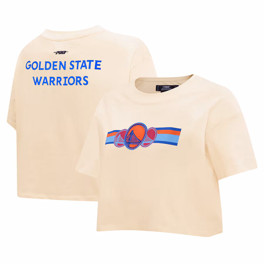 Women's Golden State Warriors Pro Standard Cream Retro Striper SJ Cropped Boxy T-Shirt - Ujersey