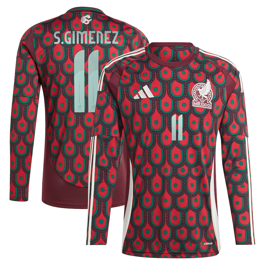 Men's Mexico National Team Santiago Giménez adidas Burgundy 2024 Home Replica Player Long Sleeve Jersey - Ujersey