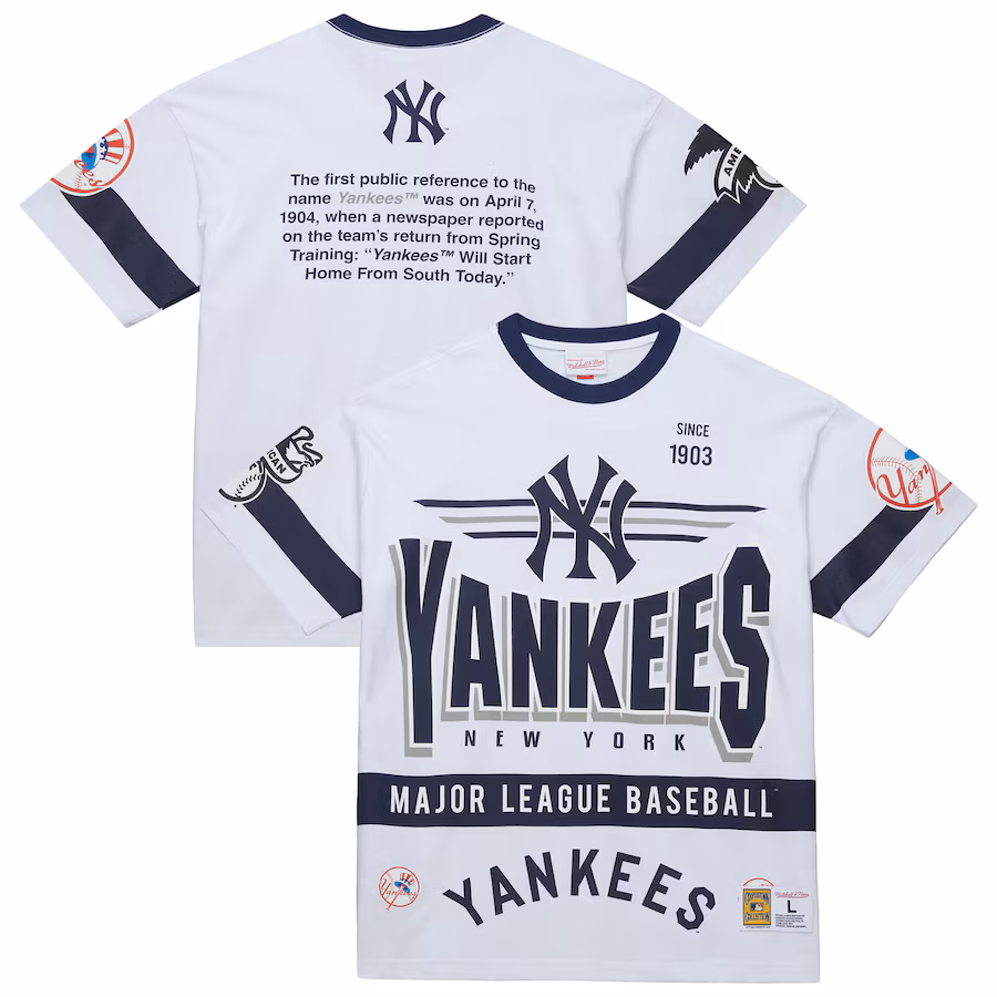 Men's New York Yankees Mitchell & Ness White Cooperstown Collection Team Origins Premium T-Shirt - Ujersey