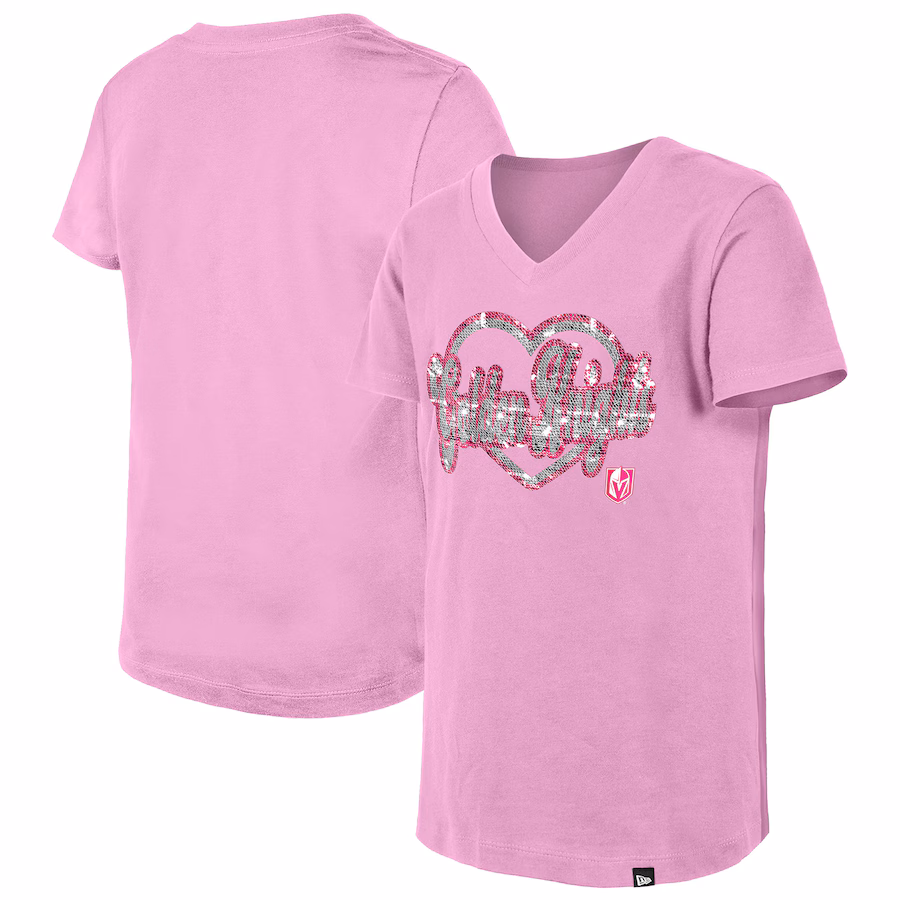 Girl's Youth Vegas Golden Knights New Era Pink Flip Sequin V-Neck T-Shirt - Ujersey NFL Shop