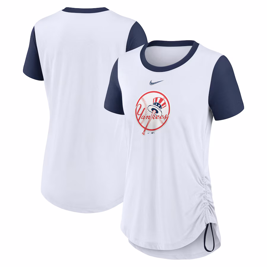 Women's New York Yankees Nike White Hipster Swoosh Cinched Tri-Blend Performance Fashion T-Shirt - Ujersey