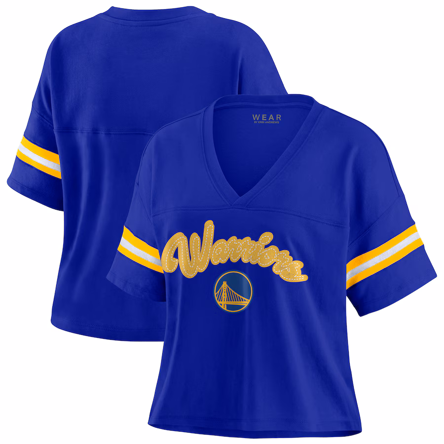 Women's Golden State Warriors WEAR by Erin Andrews Royal Plus Size Color Block Boxy V-Neck T-Shirt - Ujersey