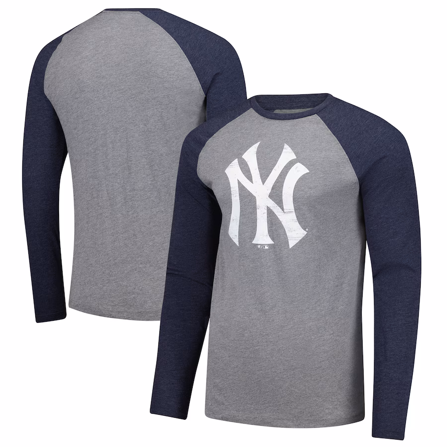 Men's New York Yankees Fanatics Heather Gray/Heather Navy Weathered Logo Tri-Blend Raglan Long Sleeve T-Shirt - Ujersey