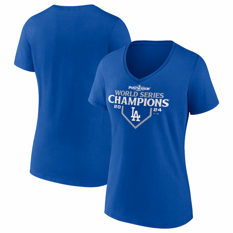 Women's Los Angeles Dodgers Fanatics Royal 2024 World Series Champions Official Logo V-Neck T-Shirt - Ujersey NFL Shop