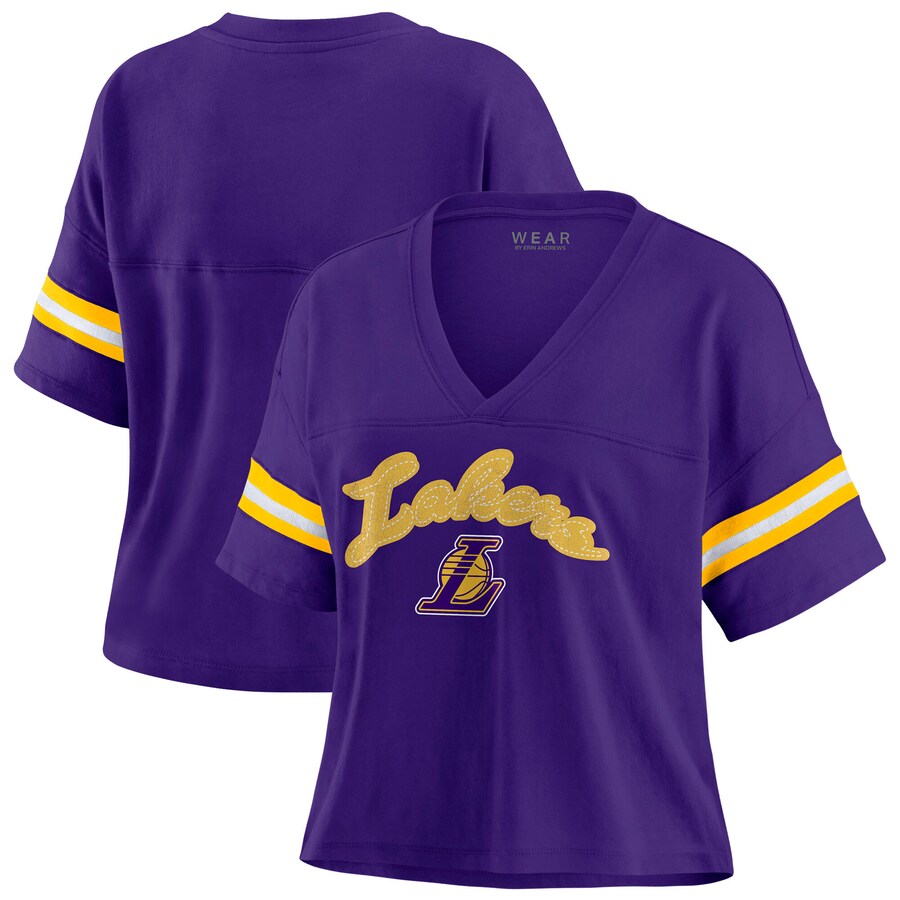 Women's Los Angeles Lakers WEAR by Erin Andrews Purple Color Block Boxy V-Neck T-Shirt - Ujersey NFL Shop