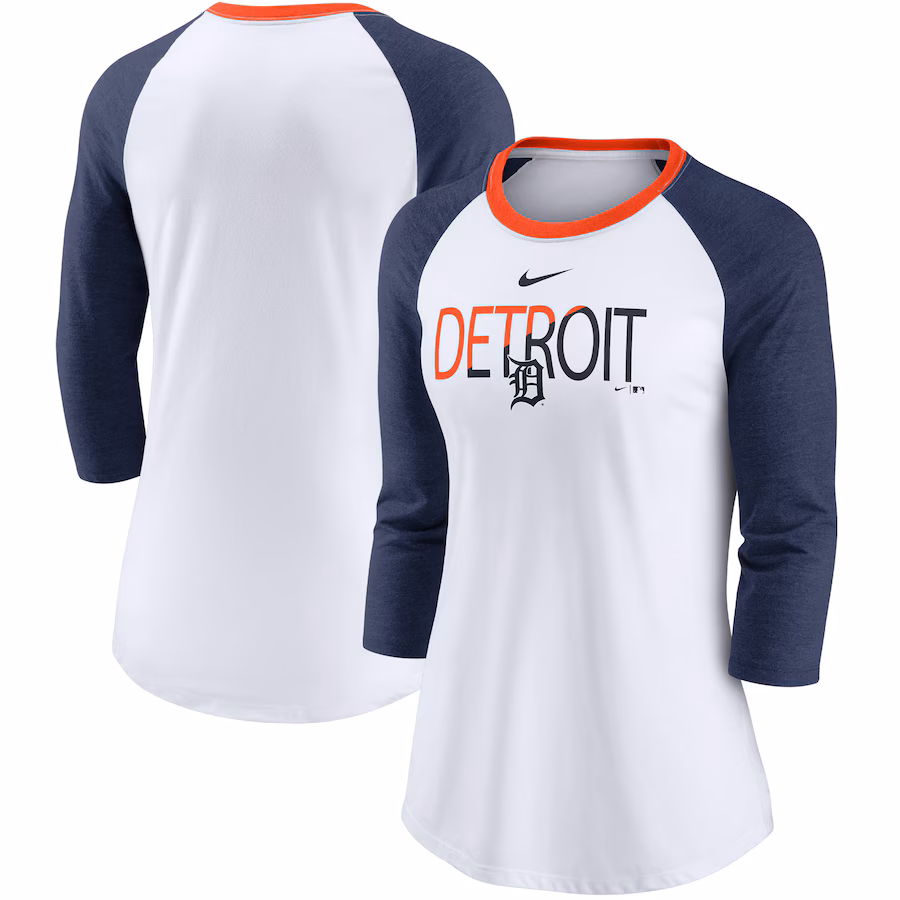 Women's Detroit Tigers Nike White/Heathered Navy Color Split Tri-Blend 3/4-Sleeve Raglan T-Shirt - Ujersey NFL Shop