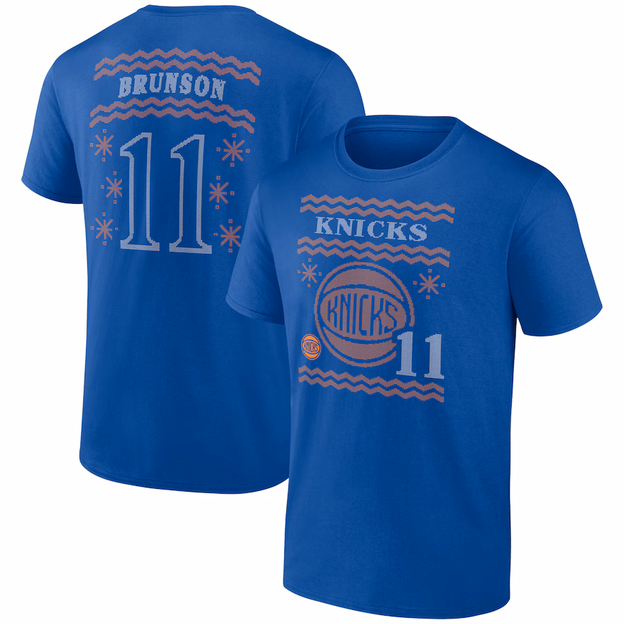 Men's New York Knicks Jalen Brunson Blue Ugly Sweater Name & Number T-Shirt - Ujersey NFL Shop