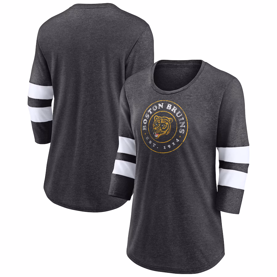 Women's Boston Bruins Fanatics Heather Charcoal One Timer Tri-Blend Scoop Neck 3/4-Sleeve T-Shirt - Ujersey NFL Shop