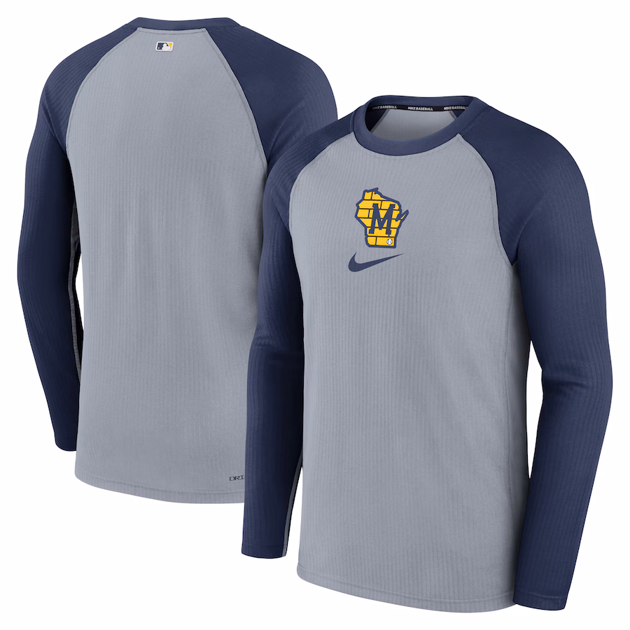 Men's Milwaukee Brewers Nike Gray Authentic Collection Game Raglan Performance Long Sleeve T-Shirt - Ujersey NFL Shop