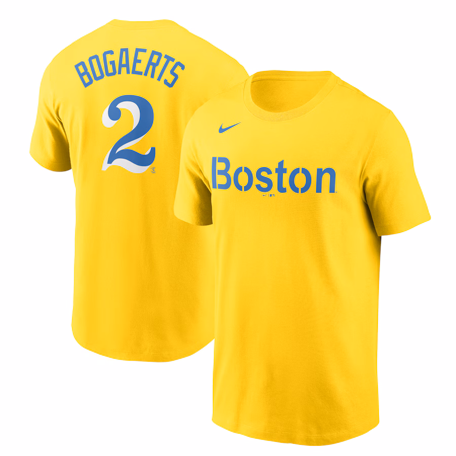 Men's Boston Red Sox Xander Bogaerts Nike Gold City Connect Name & Number T-Shirt - Ujersey