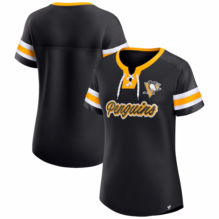 Women's Pittsburgh Penguins Fanatics Black Iconic Athena Lace-Up T-Shirt - Ujersey NFL Shop