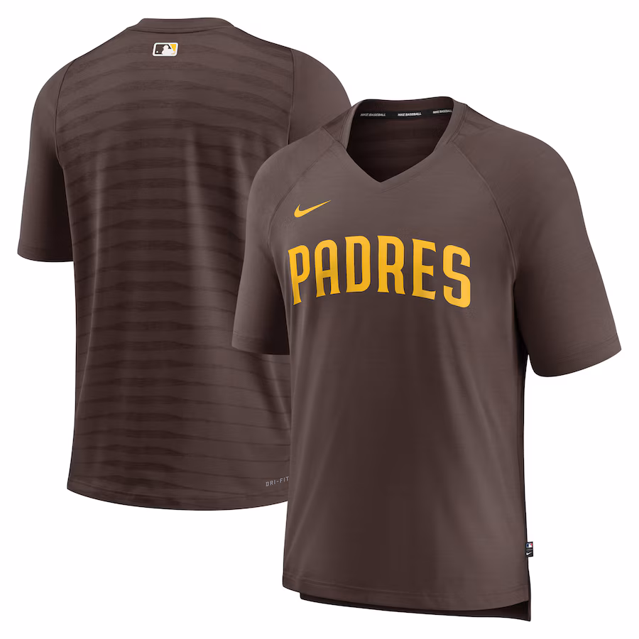 Men's San Diego Padres Nike Brown Authentic Collection Pregame Raglan Performance V-Neck T-Shirt - Ujersey
