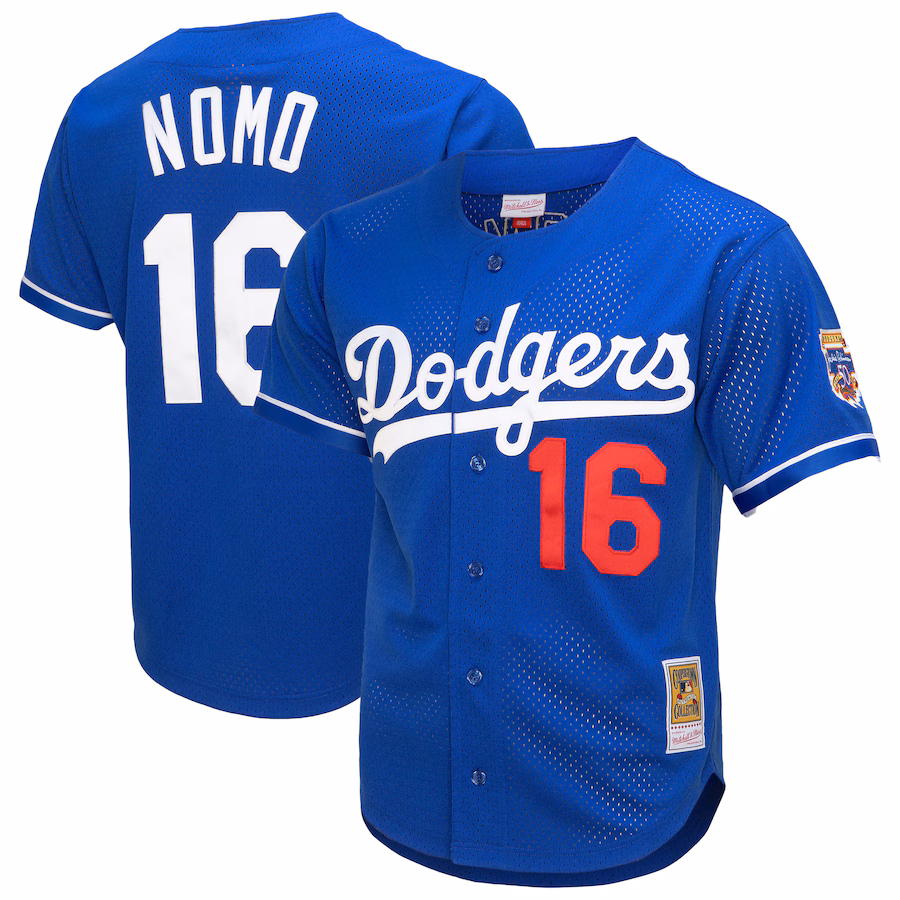 Men's Los Angeles Dodgers Hideo Nomo Mitchell & Ness Royal Cooperstown Collection Mesh Batting Practice Button-Up Jersey - Ujersey