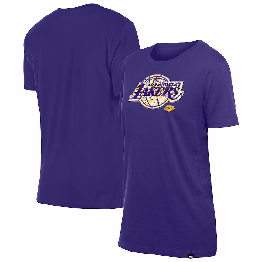 Women's Los Angeles Lakers New Era Purple Glam Game Flower T-Shirt - Ujersey