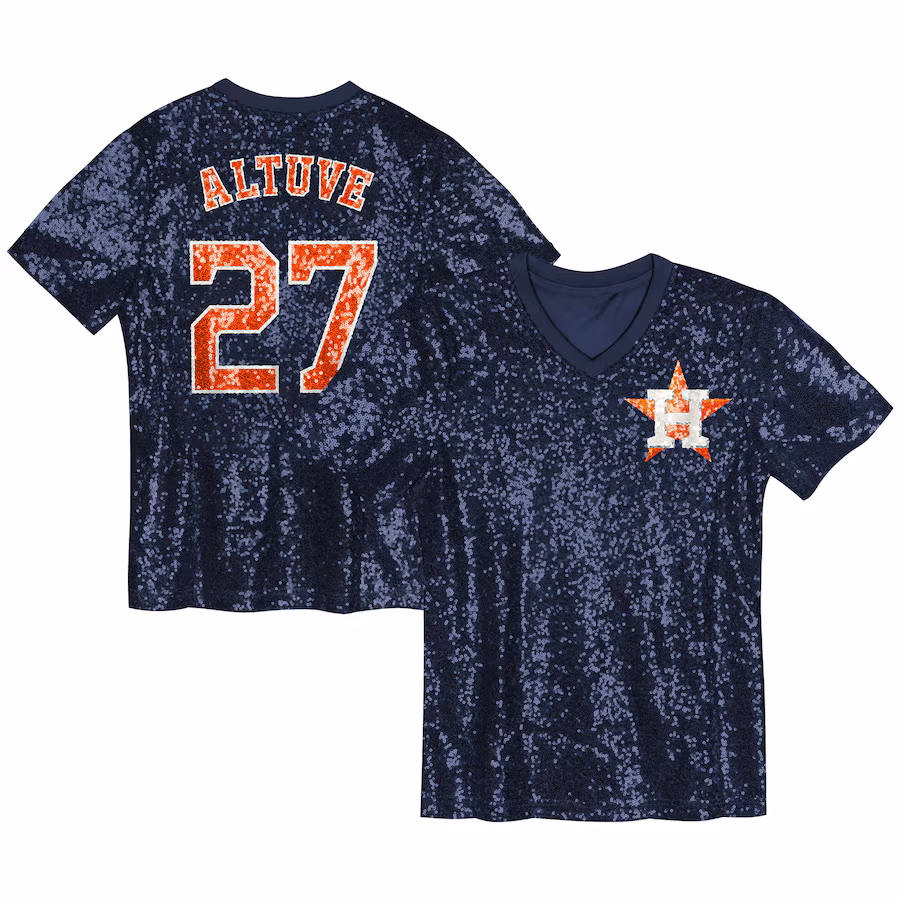 Juniors Houston Astros Jose Altuve Navy Name & Number Sequin V-Neck Top - Ujersey NFL Shop