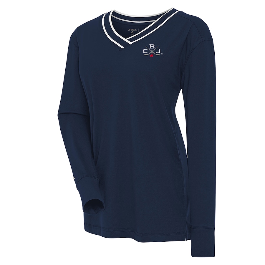 Women's Columbus Blue Jackets Antigua Navy 2025 NHL Stadium Series Long Sleeve V-Neck Top - Ujersey NFL Shop