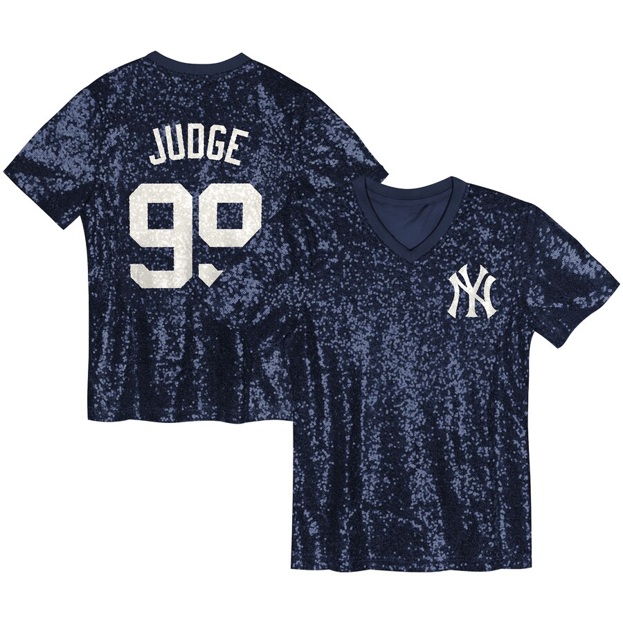 Juniors New York Yankees Aaron Judge Navy Name & Number Sequin V-Neck Top - Ujersey