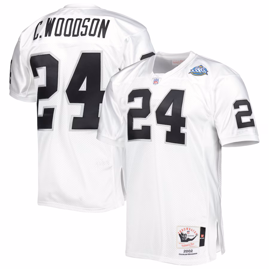 Men's Las Vegas Raiders 2002 Charles Woodson Mitchell & Ness White Authentic Throwback Retired Player Jersey - Ujersey NFL Shop