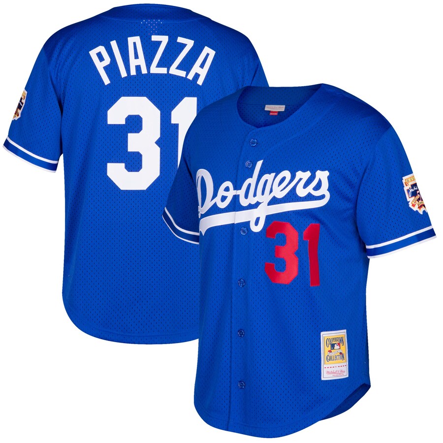 Men's Los Angeles Dodgers Mike Piazza Mitchell & Ness Royal Cooperstown Collection Mesh Batting Practice Button-Up Jersey - Ujersey NFL Shop