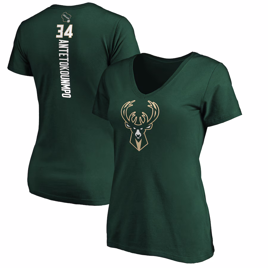Women's Milwaukee Bucks Giannis Antetokounmpo Green Playmaker Name & Number V-Neck T-Shirt - Ujersey NFL Shop