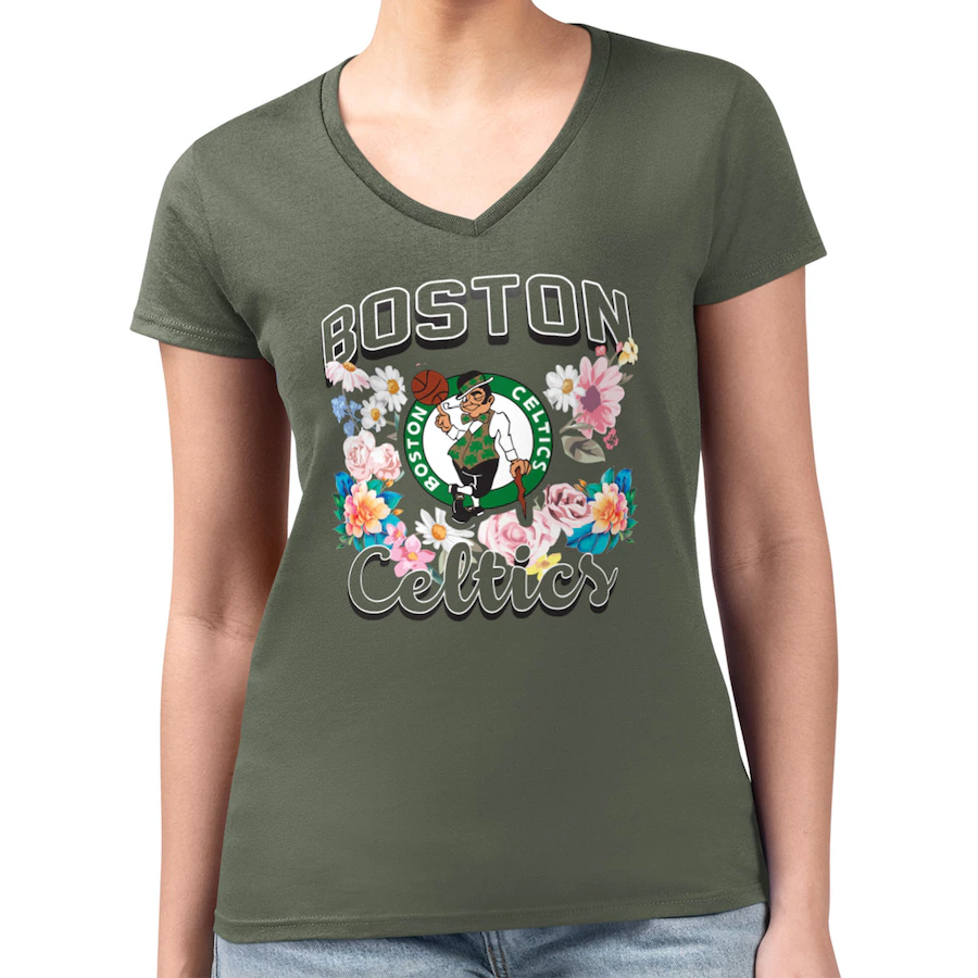 Women's Boston Celtics G-III 4Her by Carl Banks Olive Flowers Team Logo Graphic Fitted V-Neck T-Shirt - Ujersey