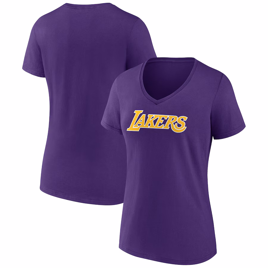 Women's Los Angeles Lakers Purple Wordmark V-Neck T-Shirt - Ujersey