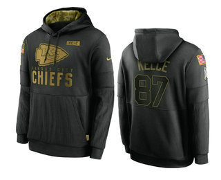 Men's Kansas City Chiefs #87 Travis Kelce Black 2020 Salute To Service Sideline Performance Pullover Hoodie - Ujersey NFL Shop