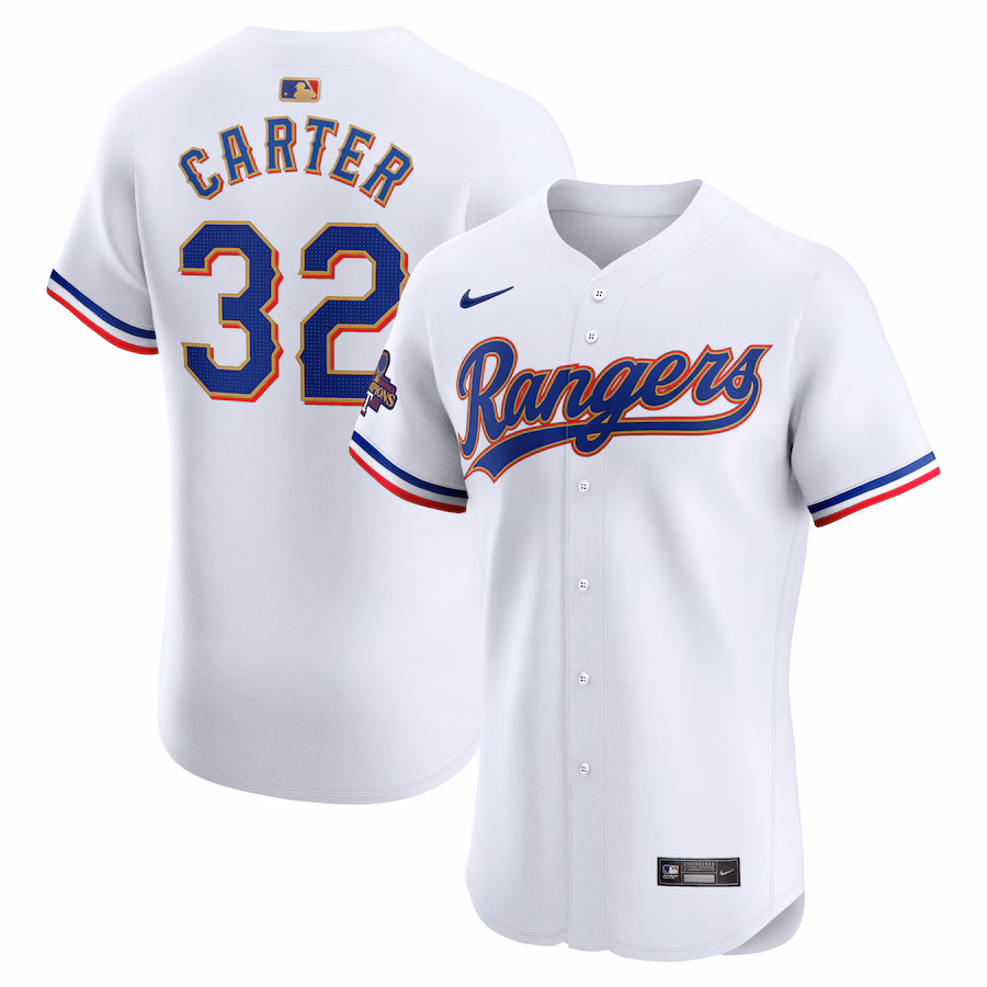 Men's Texas Rangers Evan Carter Nike White 2024 Gold Collection Elite Player Jersey - Ujersey