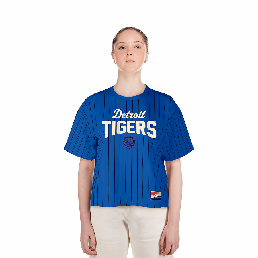 Women's Detroit Tigers New Era Blue City Connect Multiplier Pinstripe Cropped T-Shirt - Ujersey