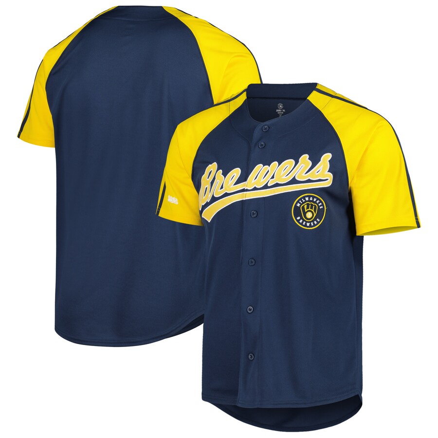 Men's Milwaukee Brewers Stitches Navy Button-Down Raglan Fashion Jersey - Ujersey
