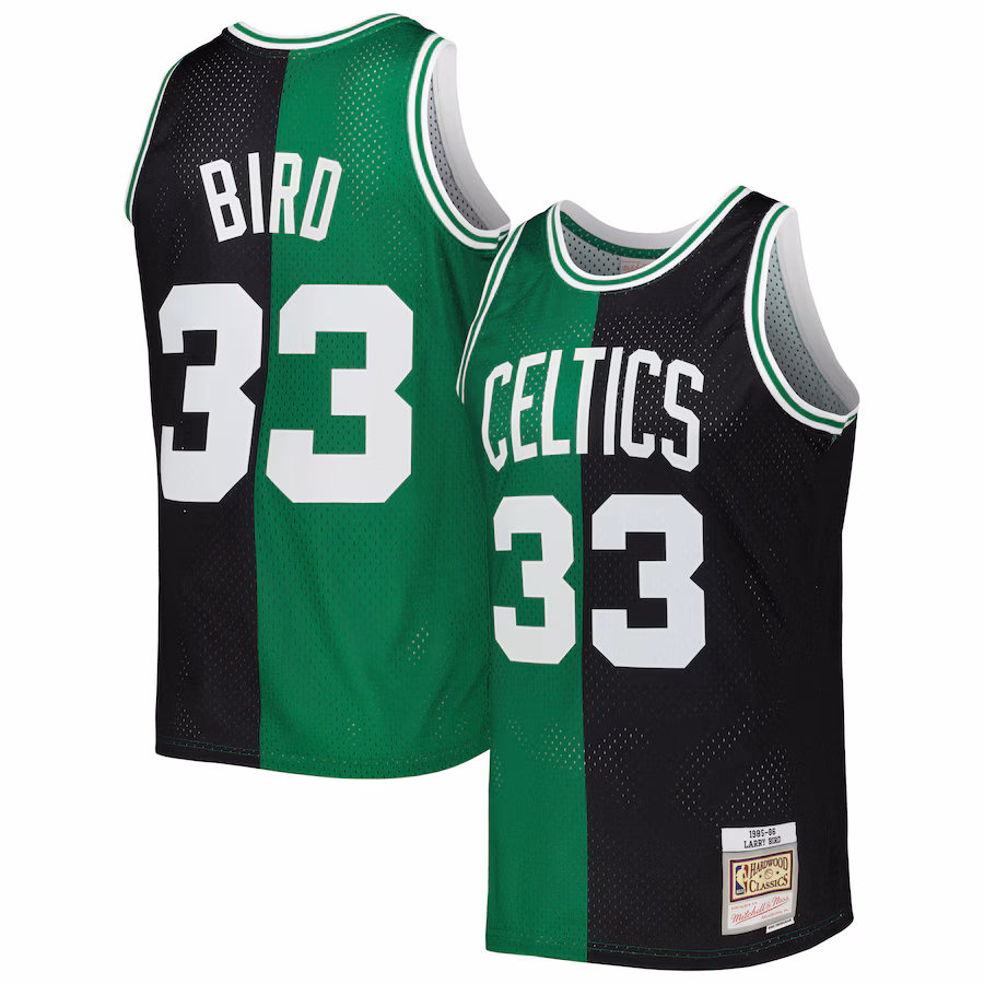 Men's Boston Celtics Larry Bird Mitchell & Ness Black/Kelly Green Hardwood Classics 1985/86 Split Swingman Jersey - Ujersey NFL Shop