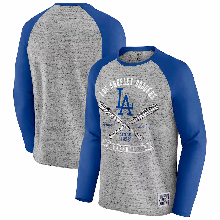 Men's Los Angeles Dodgers Darius Rucker Collection by Fanatics Heather Gray Raw Edge Raglan Long Sleeve Baseball T-Shirt - Ujersey NFL Shop