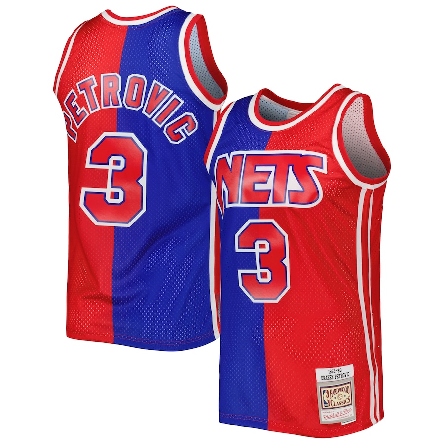 Men's New Jersey Nets Drazen Petrovic Mitchell & Ness Blue/Red Hardwood Classics 1992/93 Split Swingman Jersey - Ujersey NFL Shop